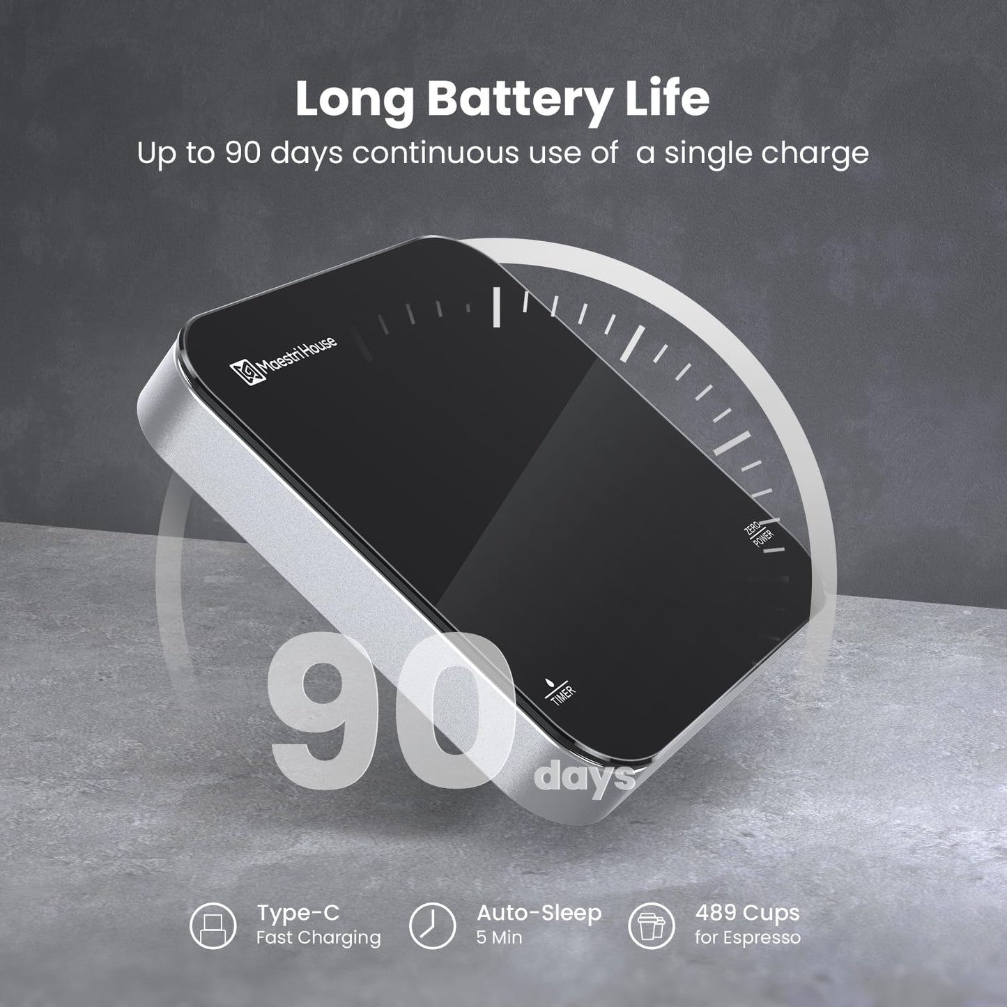 Rechargeable Mini Coffee Scale with Timer, Maestri House Espresso Scale, 2kg/0.1g Accurate Scale for Espresso and Pour-Over Coffee, Portable Digital Kitchen Scale with Automatic Timing（Black&Silver）