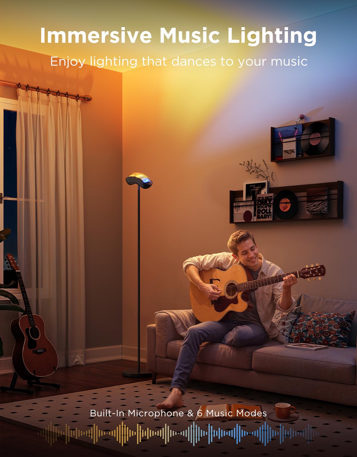 Govee Torchiere Floor Lamp with Matter, Alexa Compatible, RGBIC Warm Cool White Standing Lamp with 77 Scene Modes, Music Sync, 67" Modern Floor Lamps for Living Room Bedroom, Black, 172 ft² Light Area