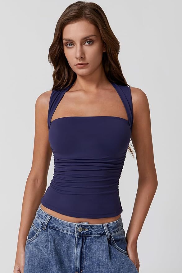 Off-the-shoulder Square Collar Shoulder Strap Midriff-baring Top