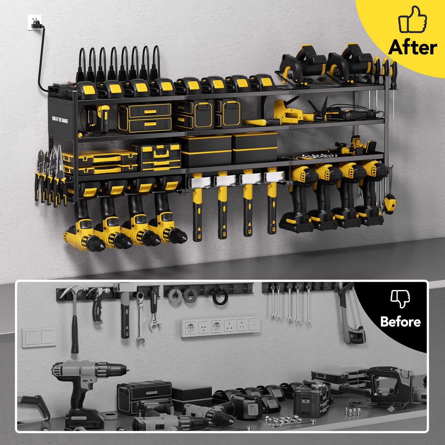 YFFSRJDJ Power Tool Organizer Wall Mount with Charging Station, Cordless Tool Organizer, 12 Drill Holders 4-Tier Heavy Duty Drill Rack with 8-Outlet Power Strip, Garage Gift for Men