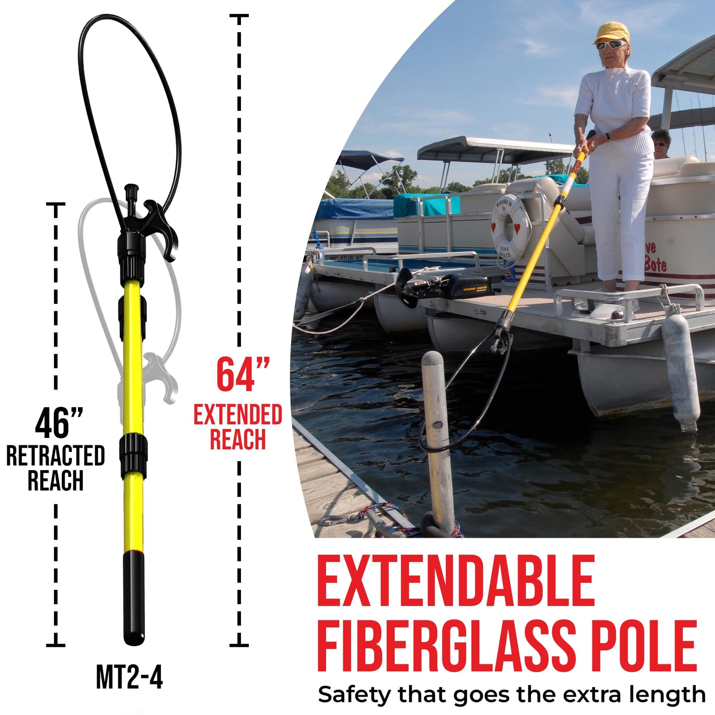 Boat Loop Extendable Fiberglass Boat Hook with Flexible Loop & Quick-Release System - Adjustable 2-8ft Pole with Rubber Guard for Boats - Versatile Marine Tool for Rope Handling & Docking