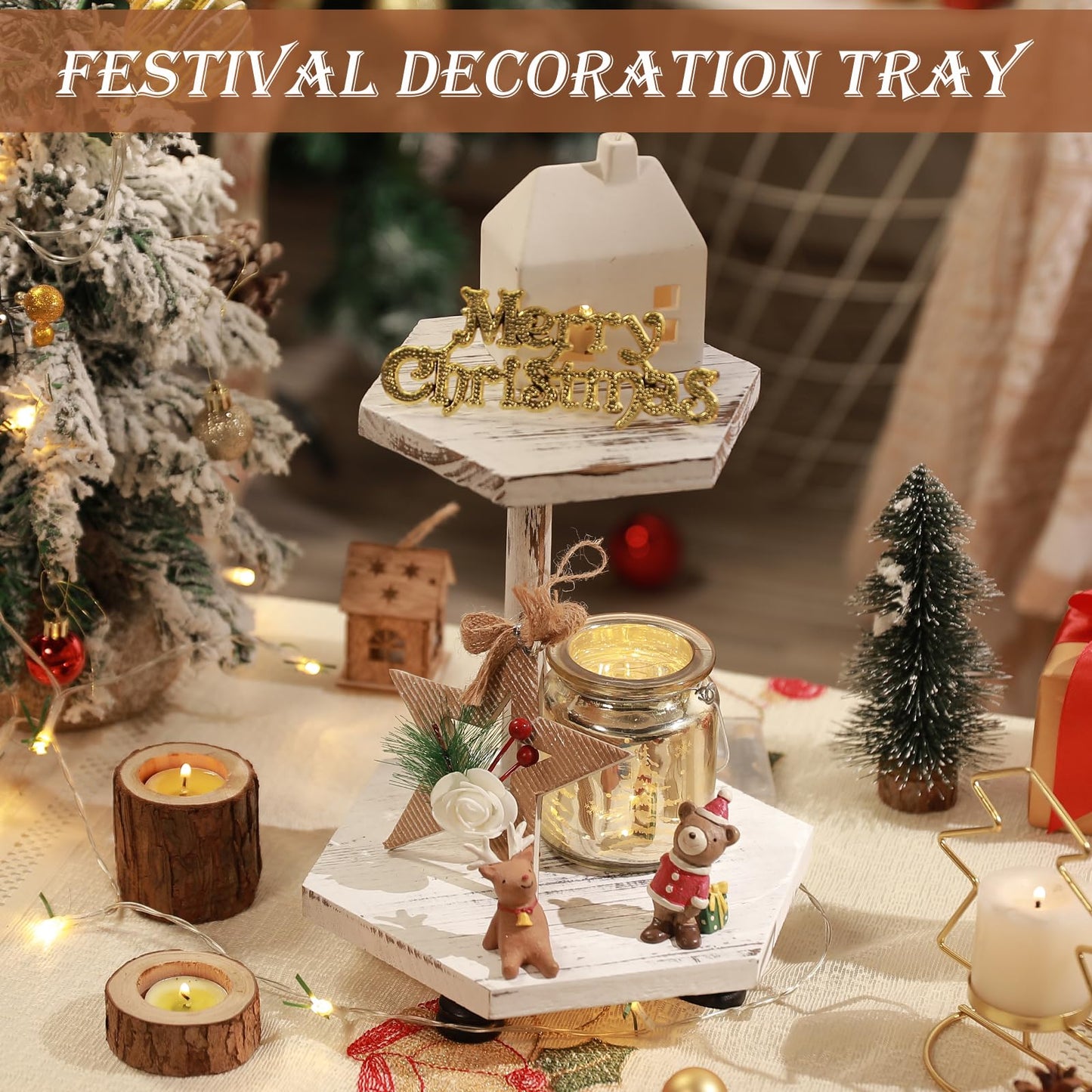 Tikea Hexagonal Wood Riser for Display, 2-Tier Wood Farmhouse Riser for Kitchen Bathroom Counter Decor, Decorative Tray for Soap Dispenser, Decorations and Plant (White)