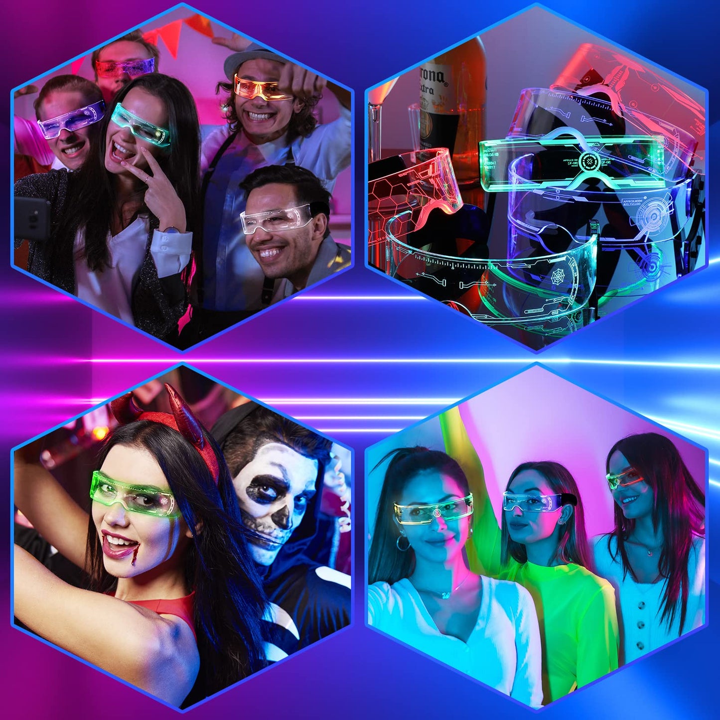 HyDren 12 Pairs LED Visor Glasses Light up Glasses Futuristic Glasses 6 Modes Honeycomb Neon Luminous Glasses Men Women Adults Rave Cosplay Bar Mardi Gras Party 6 Styles