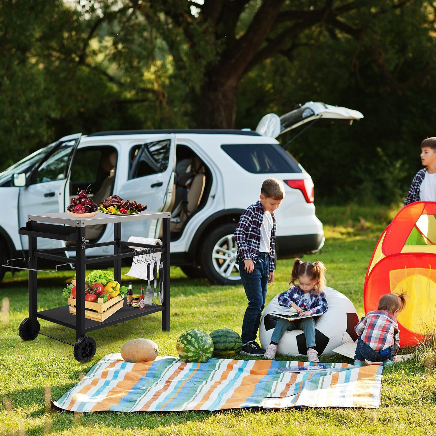 Large Stainless Steel Movable Outdoor BBQ Cart Table, 3 Tier Outdoor Kitchen Prep Table Pizza Oven Stand with Wheels, Suitable for BBQ, Camping