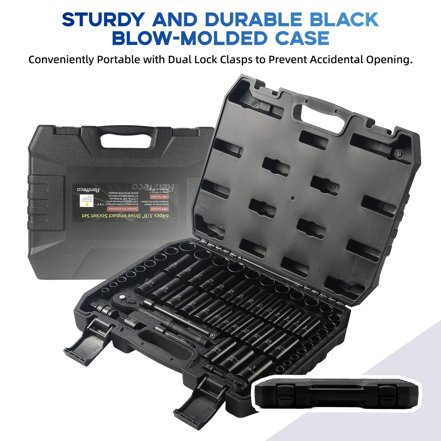 Reniteco 64-Piece 3/8" Drive Socket Set, SAE (5/16"-1") & Metric (6mm-24mm), Deep & Shallow, 72-Tooth Ratchet Wrench, Extension Bars, 1/2" F to 3/8" M Reducer, Universal Joint & Power Drill Adapter