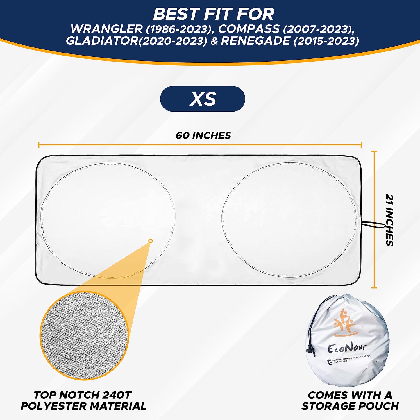 EcoNour Jeep Windshield Sunshade | Sun Visor for UV Rays & Heat Protection | Suitable for Wrangler, Compass, Gladiator & Renegade | Jeep Accessories for Wrangler & More | X-Small - 60x21 Inches