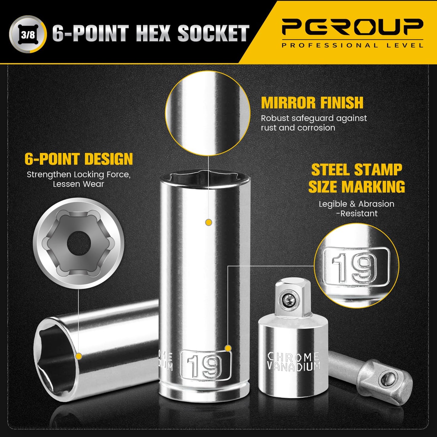 pgroup 3/8" Drive Socket Set, 52-Piece SAE (3/16-9/16 in) and Metric (4-14 mm) Deep & Shallow Socket Kit, 90-Tooth Ratchet Wrench, 6-Point, Chrome Vanadium Steel Mechanic Tool Set