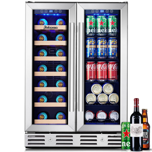 Kalamera Wine and Beverage Refrigerator, 24 inch Wine Fridge Dual Zone Hold 21 Bottles and 77 Cans,Built in or Under Counter Wine Fridge with Blue LED Light