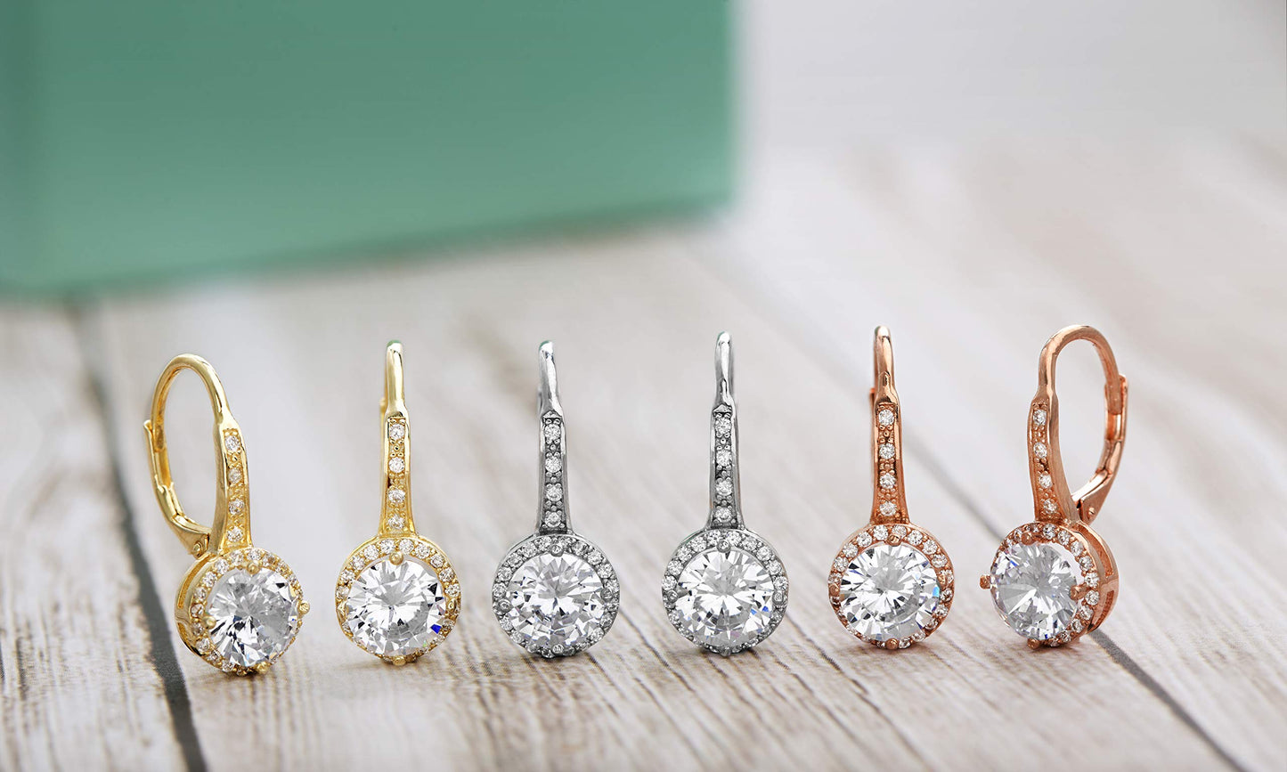 Mia Sarine Rhodium Plated 925 Sterling Silver Cubic Zirconia Halo Leverback Dangle Bridal Earrings for Women White