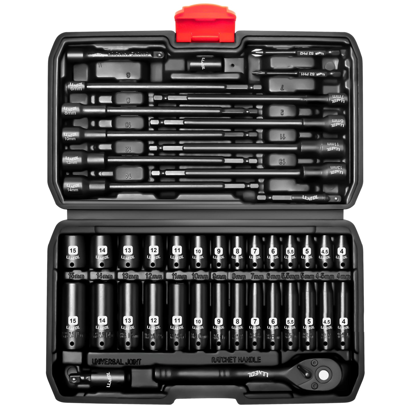 LLNEDL 1/4 inch Drive Socket Set & Nut Driver Set 44PCS, Metric Sockets Deep&Shallow (4-15mm) with Ratchet, 6" Magnetic Nut Drivers with 1/4" Hex Shank(6-14mm), Drill Bits (PH1/PH2)