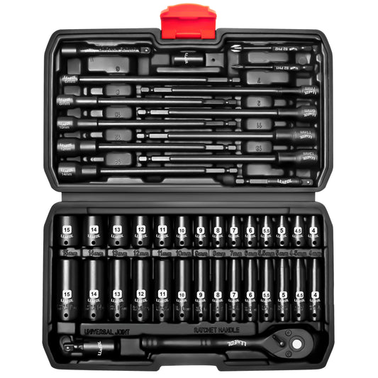 LLNEDL 1/4 inch Drive Socket Set & Nut Driver Set 44PCS, Metric Sockets Deep&Shallow (4-15mm) with Ratchet, 6" Magnetic Nut Drivers with 1/4" Hex Shank(6-14mm), Drill Bits (PH1/PH2)