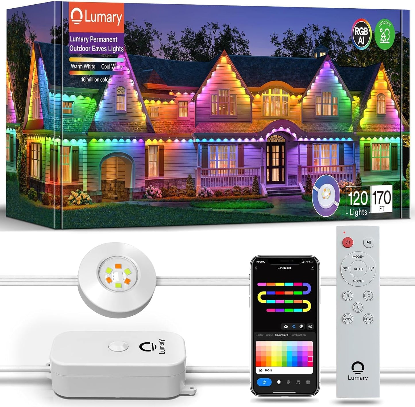 Lumary Permanent Outdoor Lights Pro 158ft with 120 LED RGBAICW Smart Eave Lights IP67 Waterproof for Easter, Halloween, Christmas Decoration, APP/Voice/Remote Control and Google Assistant