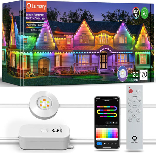 Lumary Permanent Outdoor Lights Pro 158ft with 120 LED RGBAICW Smart Eave Lights IP67 Waterproof for Easter, Halloween, Christmas Decoration, APP/Voice/Remote Control and Google Assistant