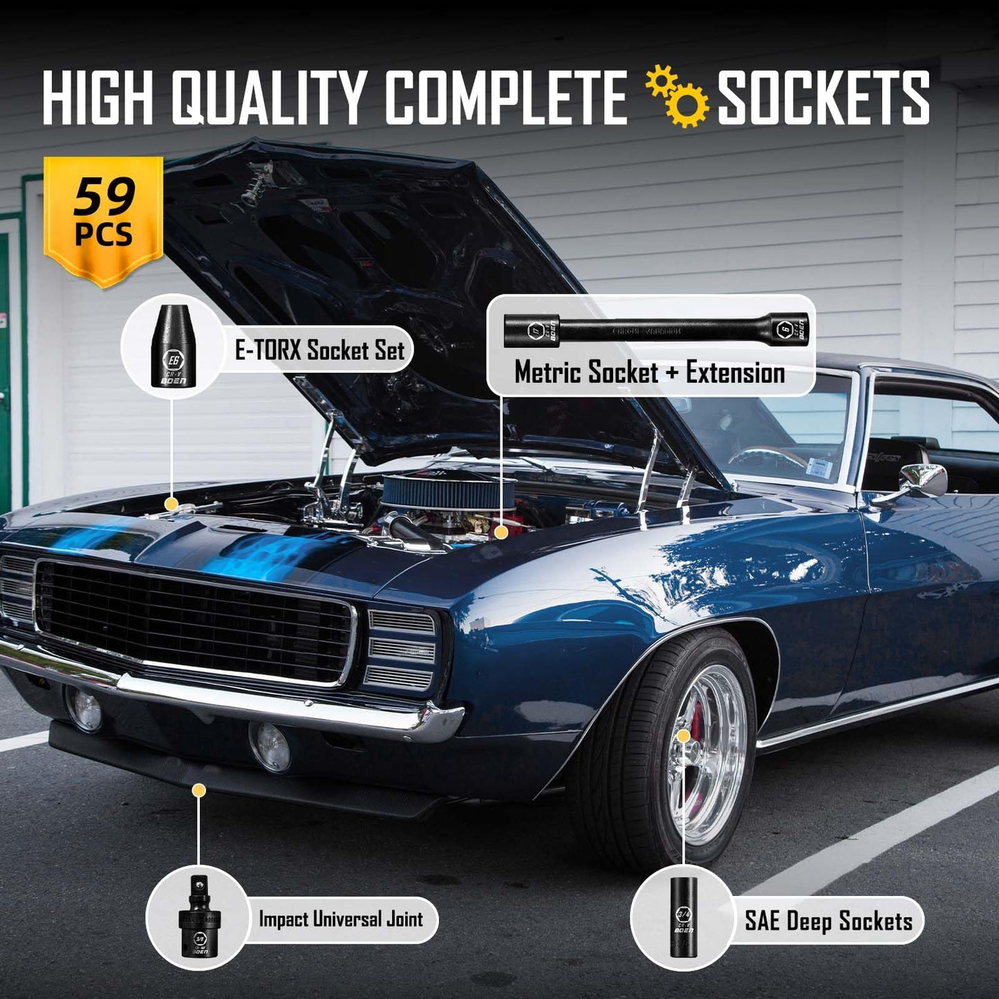 BOEN 3/8" Drive Impact Socket Set, 59-Piece Standard SAE (5/16 to 3/4 inch) and Metric (6-22mm), Include 9-Piece E-Torx Socket Set (E5-E16) 丨Ratchet Handle, Extension Bar, Universal Joint, Adapter