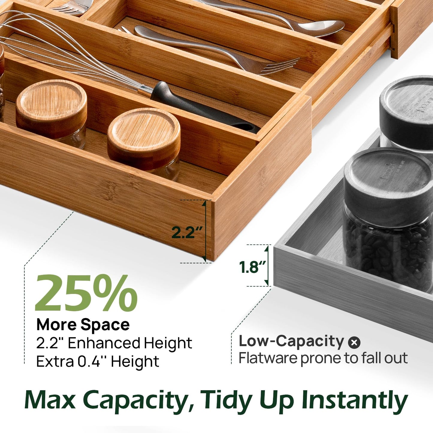keechee Carbonized Bamboo Kitchen Drawer Organizer, 8-10 Slots Expandable Silverware Organizer, Utensil Holder & Cutlery Tray, 2.2" Deep for Extra Capacity, Non-Slip Feet Included.