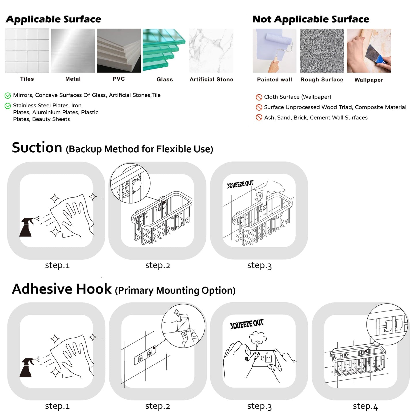 SunnyPoint NeverRust Deluxe Kitchen & Bathroom Sink Sponge Holder Organizer with Adhesive Mount - Additional Suction Cup Included – Sponge & Brush NOT Included – 7.4 x 3.3 x 2.75 Inch
