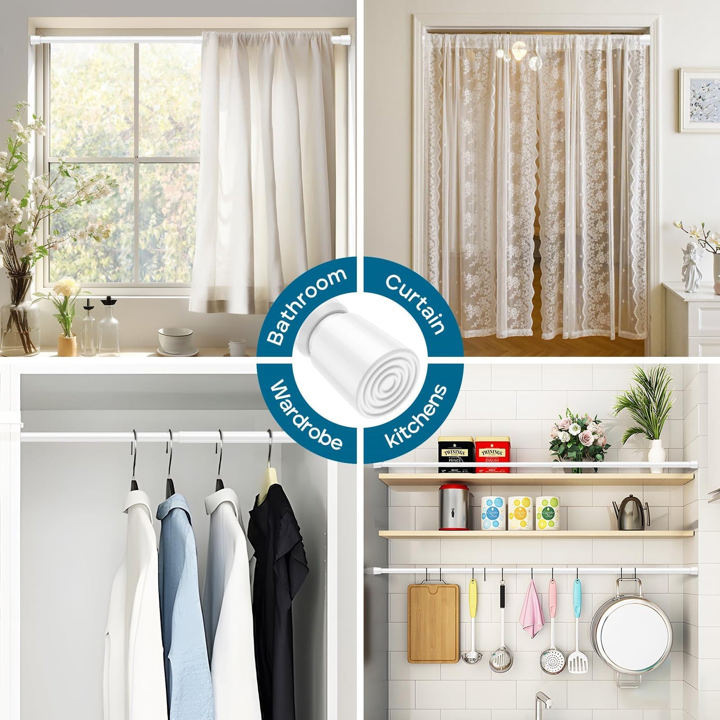 AIZESI 2pcs Spring Tension Rods Adjustable 26 to 39 inch Small Tension Curtain Rod No Drilling Expandable Spring Loaded Curtain Rod,Suitable for Doors and Windows 28 to 36 inch, White