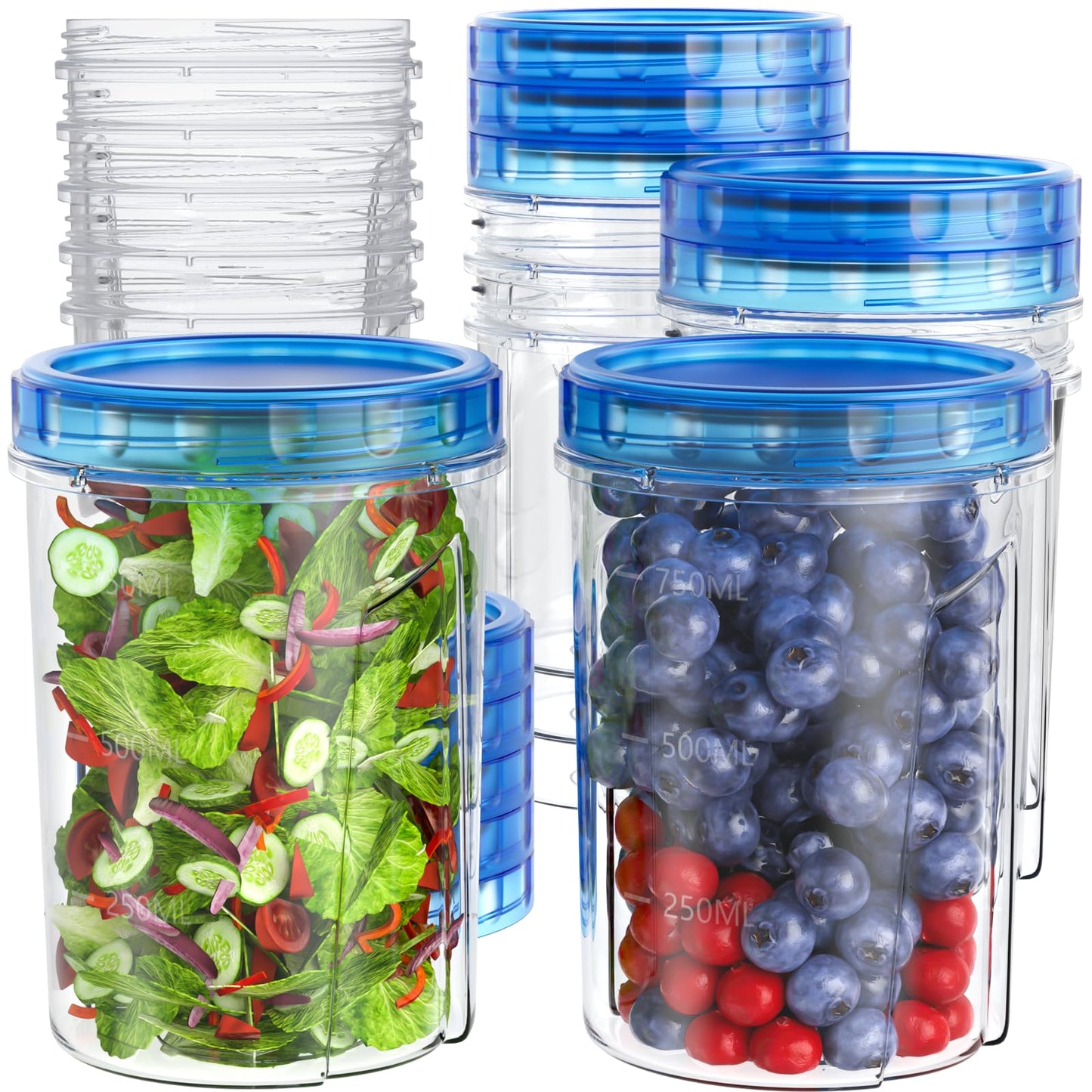 [32 oz 10 Pack] Food Storage Freezer Containers Clear Bottom with Blue Twist Top Lids Reusable, Plastic Airtight Meal Prep Containers BPA Free | Stackable | Leakproof | Microwave/Dishwasher Safe