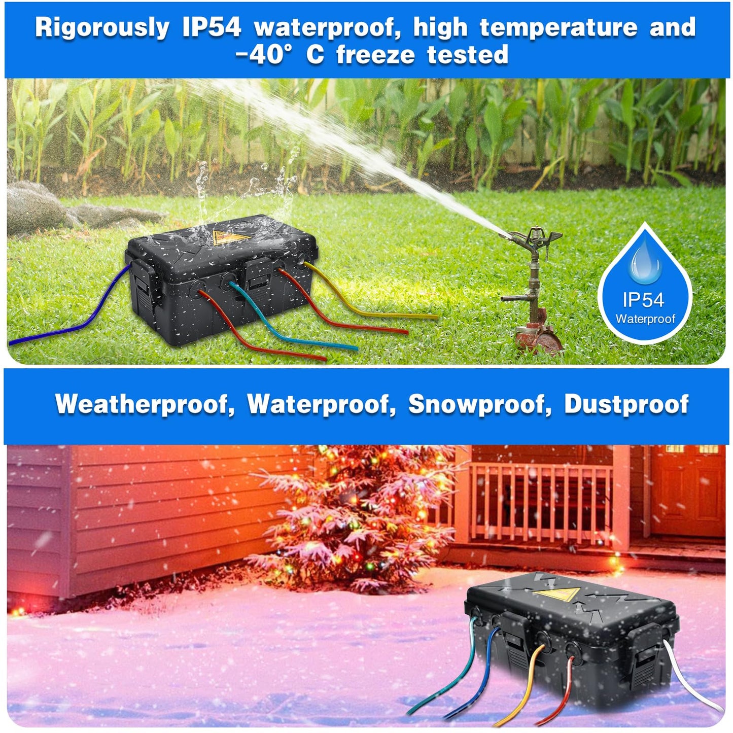 Hrensaw Medium Outdoor Electrical Box(10.6x5.5x4.5inch),Weatherproof Connection Box w/6 Cable Entry,IP54 Waterproof Extension Cord Cover Protect Power Strip,Timer,Plug,Holiday Lights,Black