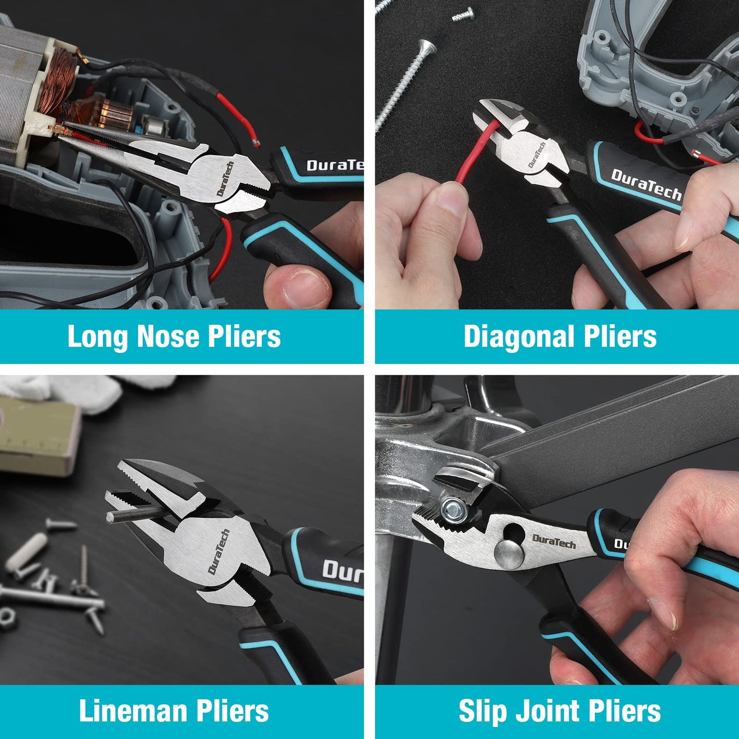 DURATECH 8-Piece Pliers Set with Rolling Pouch, Premium Cr-V/Cr-Ni Construction, (12", 10", 8" Groove Joint Pliers, 8" Adjustable Wrench, 8" Linesman, 6" Long Needle Nose, 6" Slip Joint, 6" Diagonal)