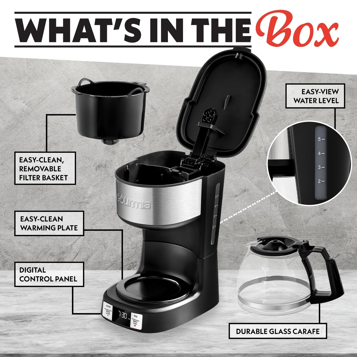 Gourmia GCM3518 5-Cup Programmable Drip Coffee Maker, Brew Later Timer, Adjustable 4-Hr Keep Warm, Pause & Serve, Freshness Timer, 700 W Compact Glass Carafe, EZ-View Water Window