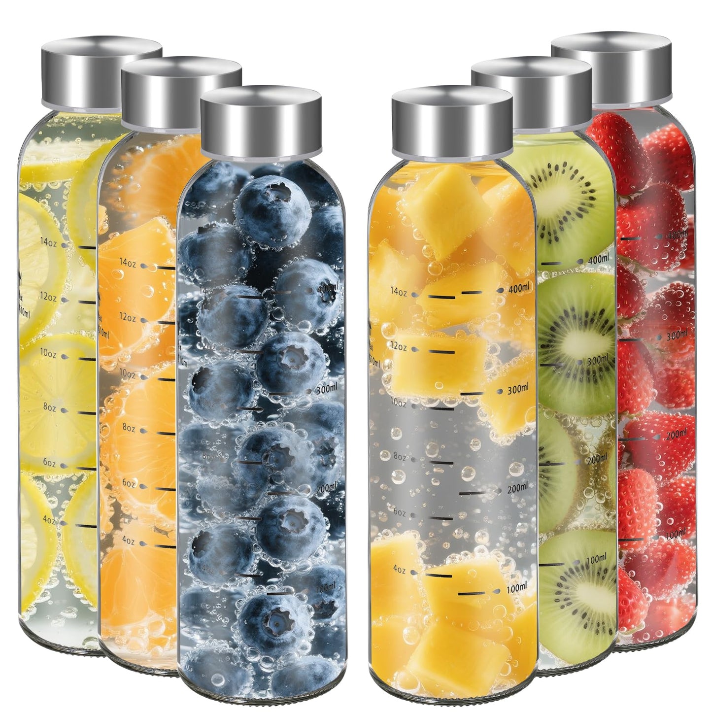 SIEROZUR Glass Juice Bottles With Lids 17oz- 6 Pack, Clear Water Bottle, Juicing Bottles Reusable Glass With Stainless Steel Cap, Drinking bottles for Refrigerator,100% Leak Proof, BPA Free