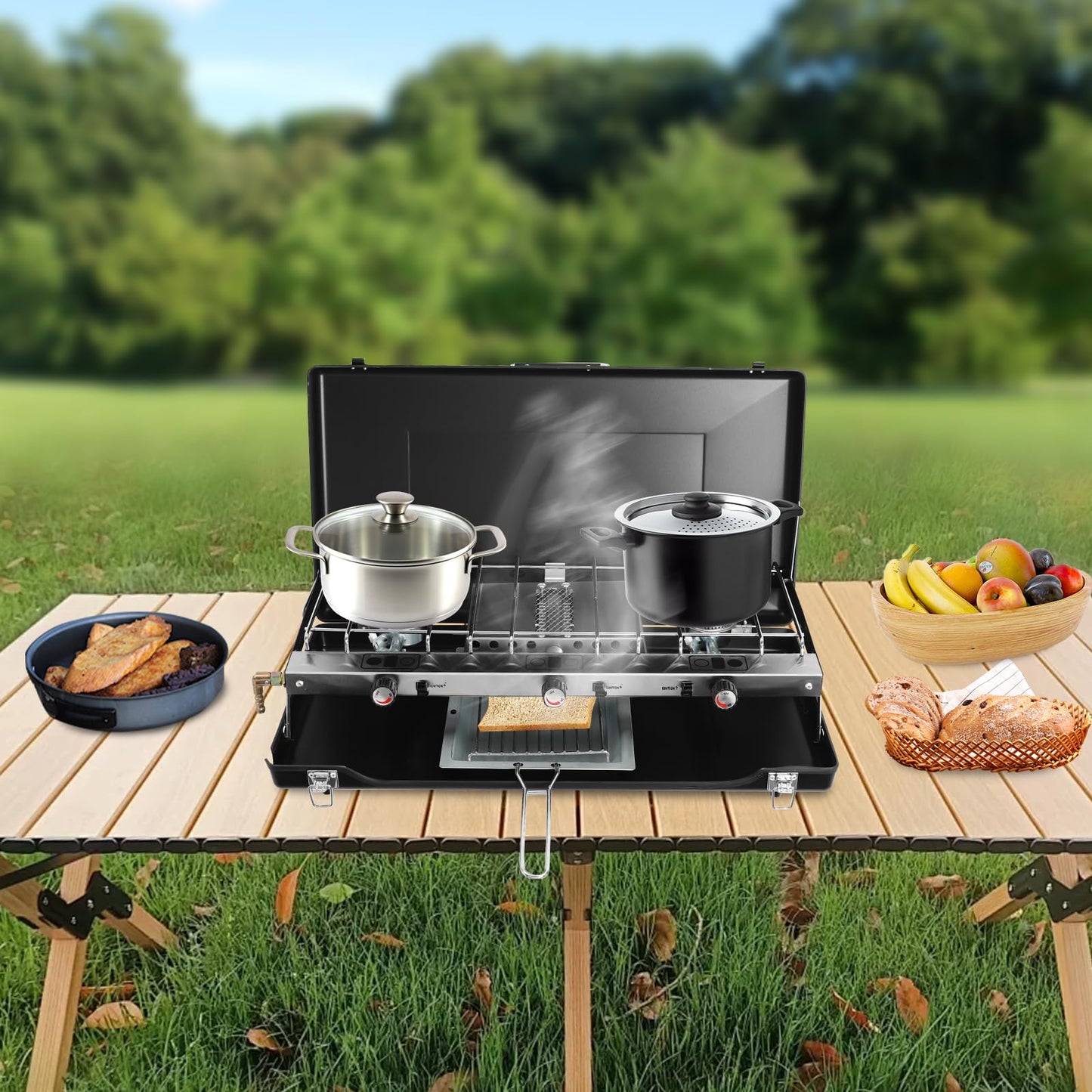NIENIEE 3-Burner Camping Stove - 4.5kw Portable Propane Cooktop with Wind Guards & Adjustable Flame, Compact Outdoor Stove for Camping/Tailgating/BBQ (Black)