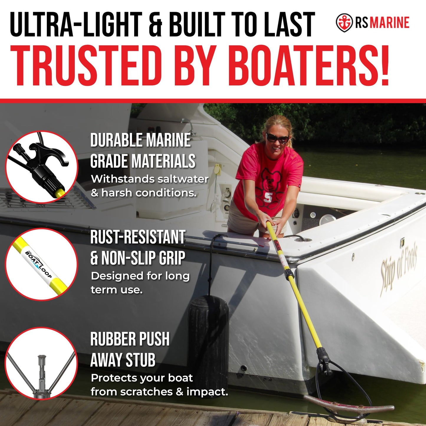 Boat Loop Extendable Fiberglass Boat Hook with Flexible Loop & Quick-Release System - Adjustable 2-8ft Pole with Rubber Guard for Boats - Versatile Marine Tool for Rope Handling & Docking
