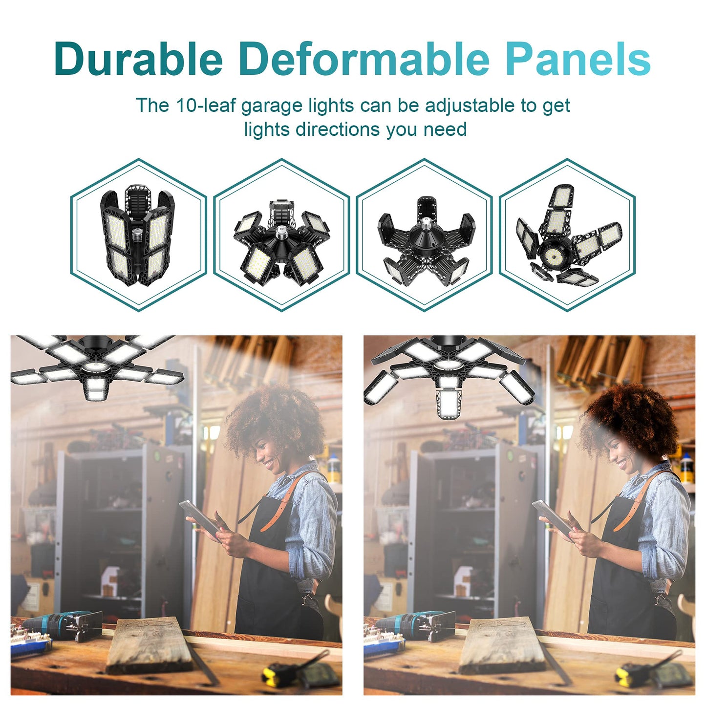 Nexillumi 2-Pack Led Garage Light 180W, 36000LM Garage Lights Ceiling LED with E26/E27 Medium Base, 6000K Deformable LED Shop Lights with 10+1 Adjustable Panels for Garage, Workshop, Attic, Basemen