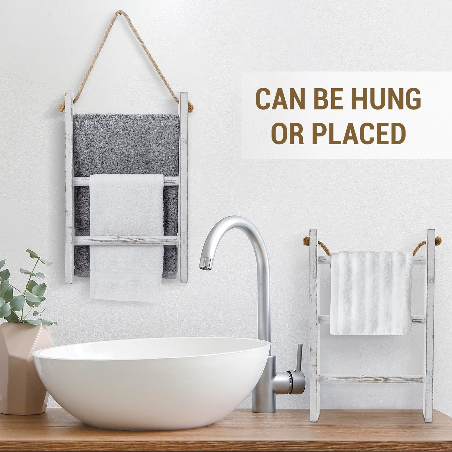 MyGift Rustic Hand Towel Holder, Whitewashed Solid Wood Farmhouse Bathroom Decor, Small Blanket Ladder for Home Decor, Wall Mounted Towel Rack for Shabby Chic Decor