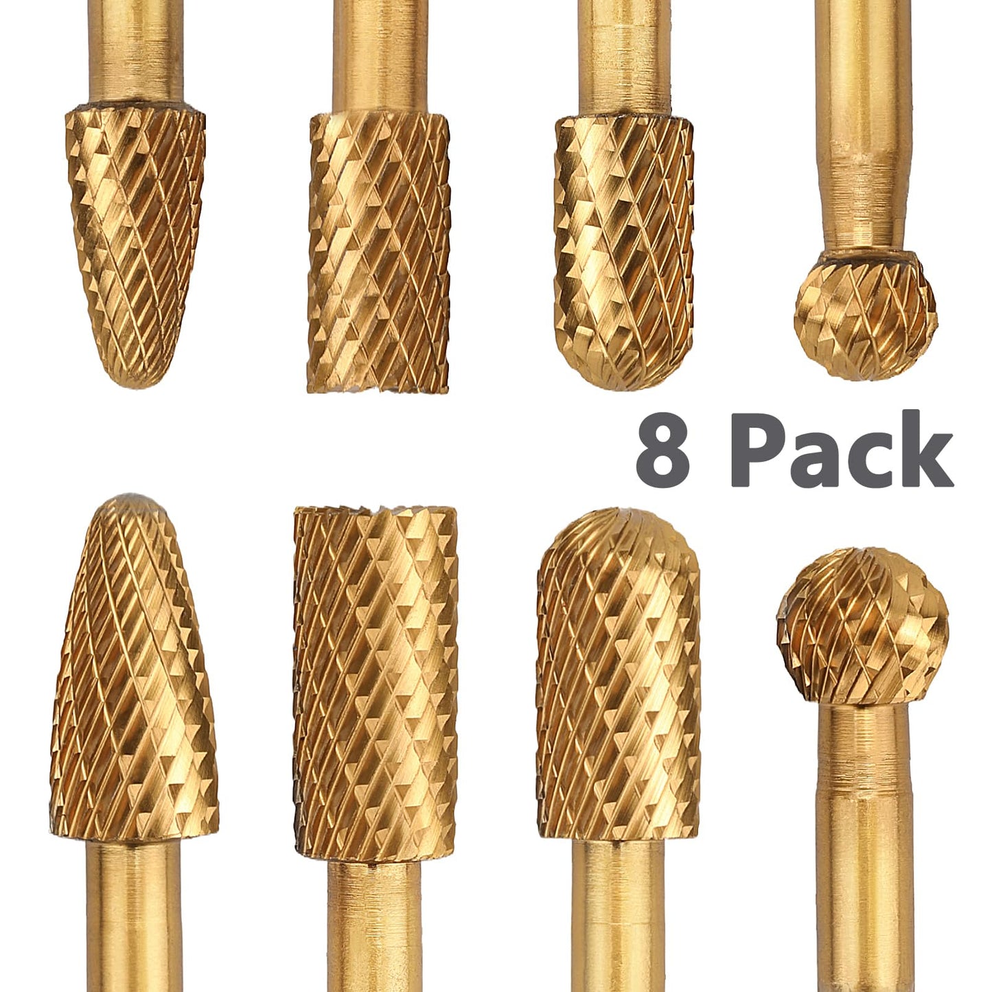 8Pack Carbide Burr Set (3/8 & 1/2 inch Diameter) with 1/4 inch Hex Shank,Tungsten Carbide Rotary Burr Set for DIY Grinder Metal Wood Engraving Polishing Drilling Grinding Milling Cutting