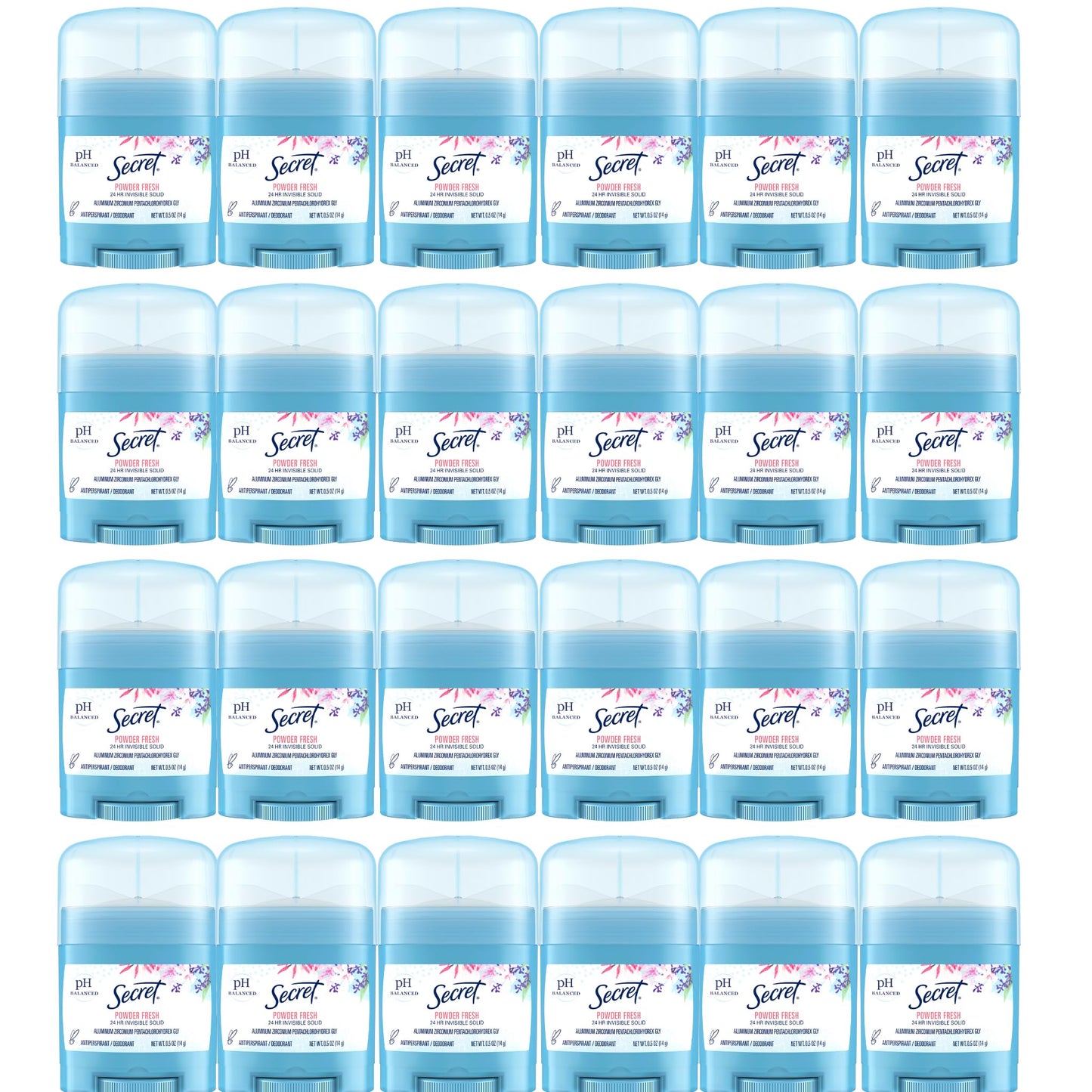 Secret Antiperspirant and Deodorant for Women, 24hr Sweat & Odor Protection, PH Balanced Protection, Gentle on Skin, Invisible Solid, Travel Size, Powder Fresh Scent, 0.5 oz (Pack of 24)