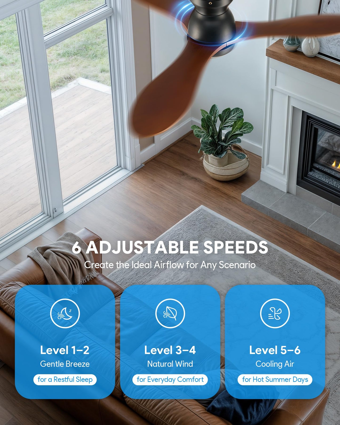 VONLUCE Ceiling Fans with Lights, 42 Inch Ceiling Fan and Remote, 6-Speeds Noiseless Reversible DC Motor, 3CCT, Wood Ceiling Fan for Farmhouse Bedroom Indoor Outdoor, Black