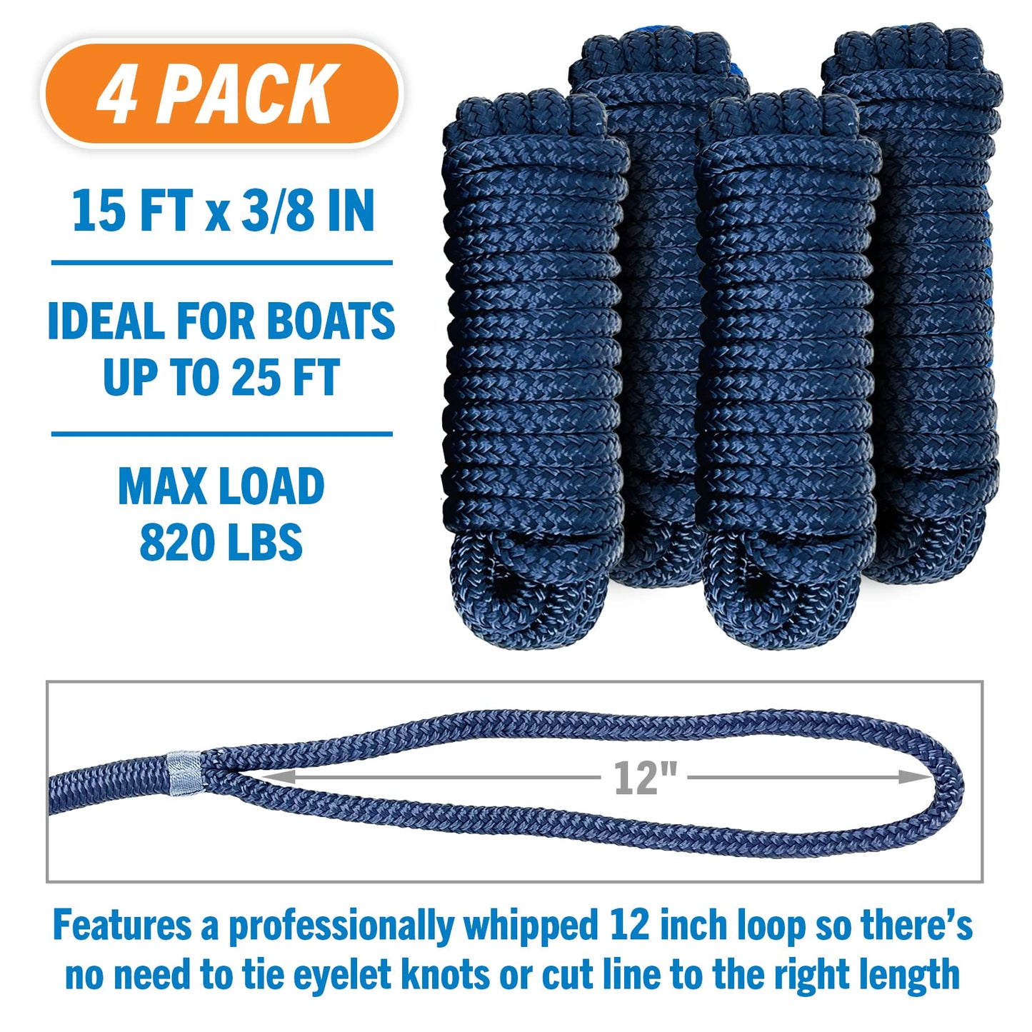 Dock Lines Boat Ropes for Docking, 3/8" Double Braided Mooring Marine Rope, 15ft Nylon Rope with Loop, Navy Blue, 4 Pack