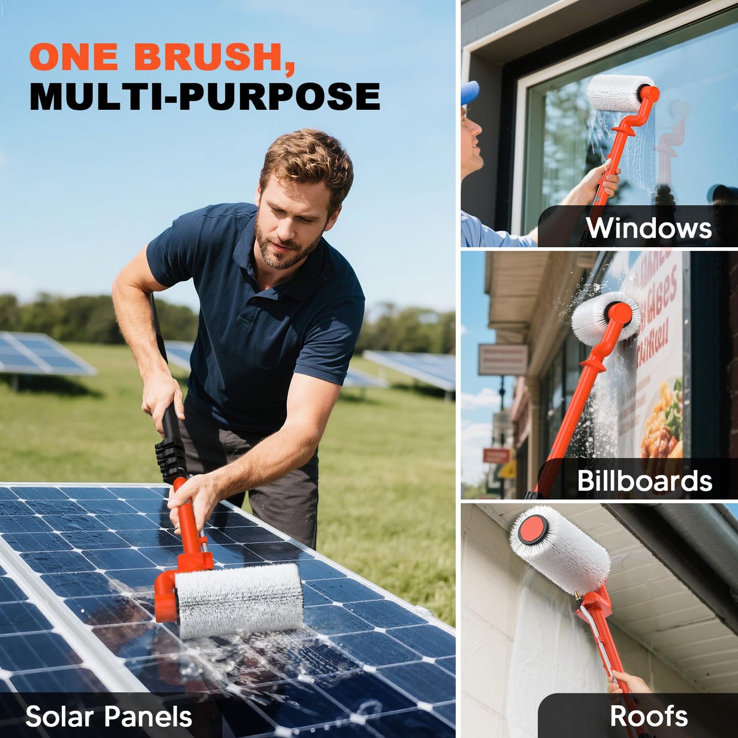 TURNRISE Electric Solar Panel Cleaning Brush: 20FT Adjustable Water Fed Pole Solar Panel Cleaning Kit with 23FT Water Pipe - Versatile Photovoltaic Brush for Solar Panels, Windows, Roofs
