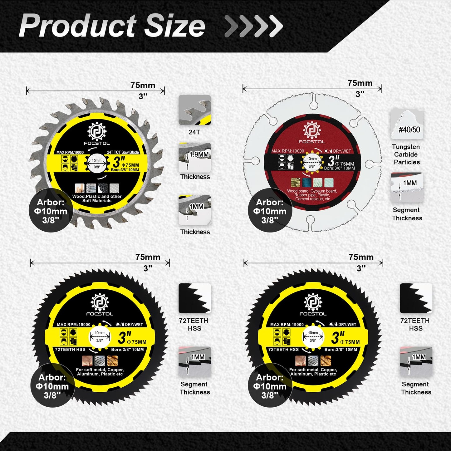 FOCSTOL Saw Blade Set - 4pcs 3''(75mm) Cutting Disc for Cutting Wood Metal Plastic for Angle Grinder Arbor 3/8''(10mm)