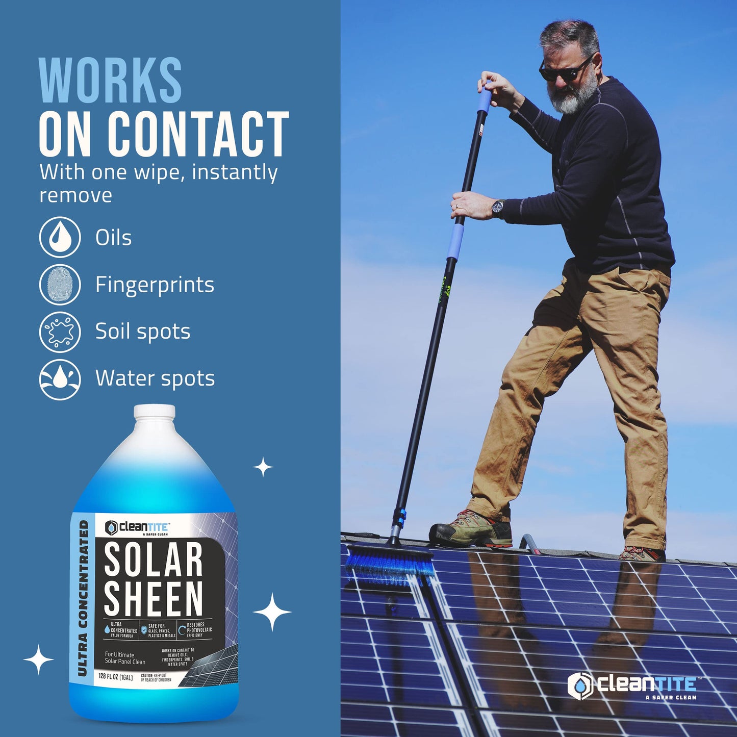 CLEANTITE Solar Panel Cleaner 1 Gallon (Makes 512 G) - Super Concentrated Cleaning Solution for Glass, Metal, Wood & Plastic - Remove Oil, Fingerprint & Water Spots - Multipurpose Solar Panel Cleaning