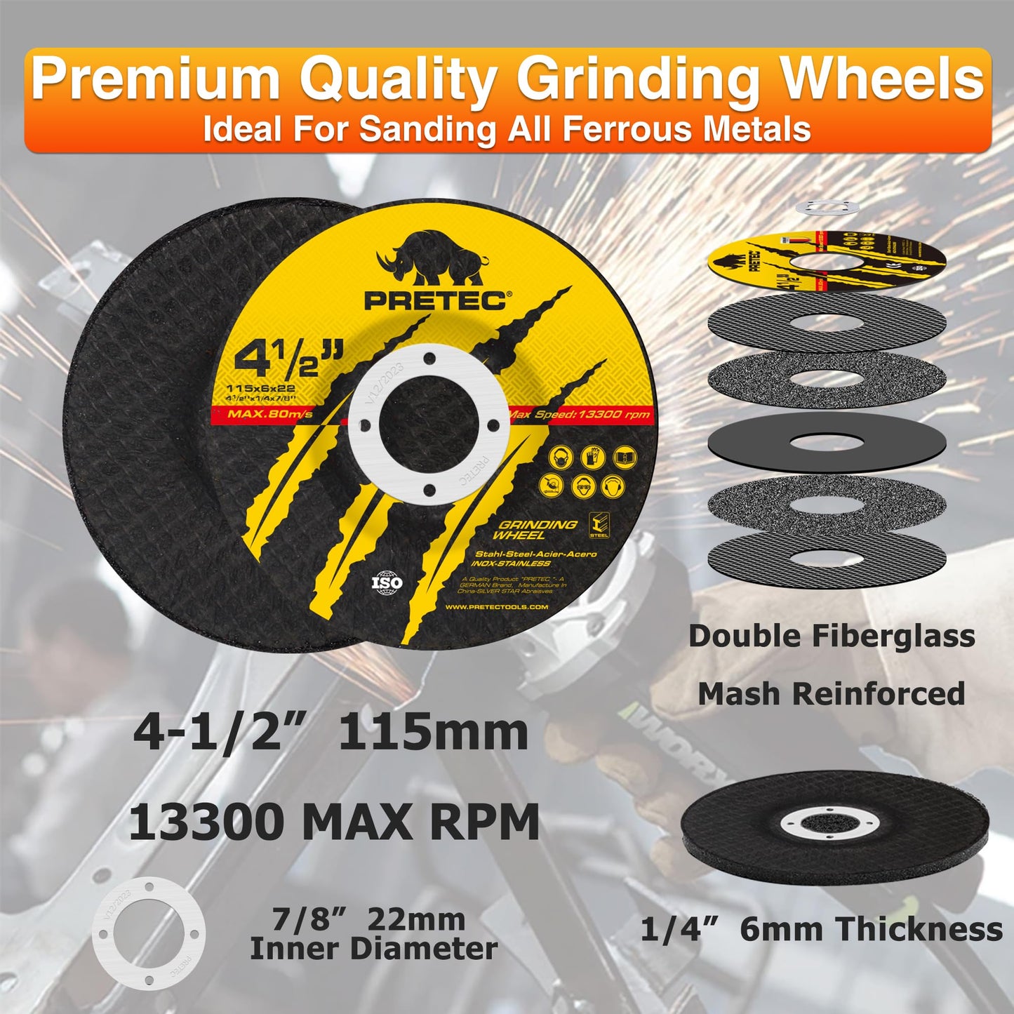 PRETEC 26 Packs Angle Grinder Cutting Flap Grinding Disc Wheel 4 1/2in Inches - 20 Packs 4.5"x1/4"x7/8" Cut off Wheels,3 Packs 4.5"x7/8" 60 Grit Flap Discs, 3 Packs 4.5"x1/25"x7/8" Grinding Wheels