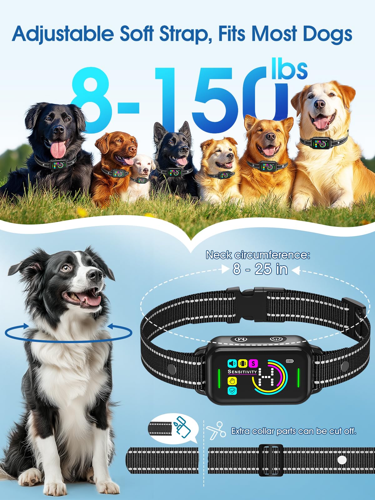 DINJOO Dog Bark Collar for Large/Medium/Small Dogs | Rechargeable Smart AI Anti-Barking Training Collar with 8 Adjustable Sensitivity, Beep & Vibration Modes | Solves Excessive Barking - Dark Black