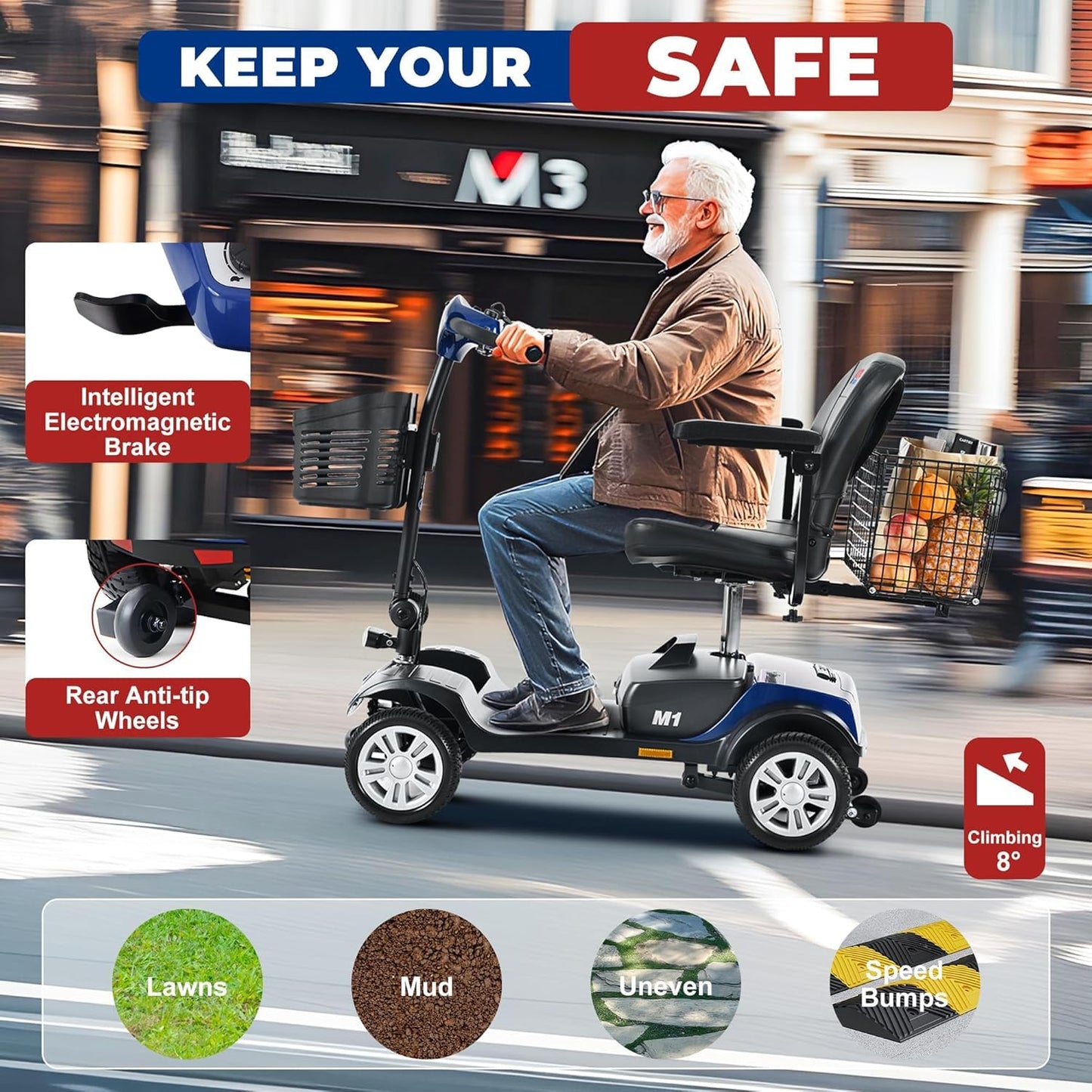 Metro Mobility 4 Wheel Powered Mobility Scooters, 300 lbs Capacity Mobility Scooters for Adults, Folding Mobility Scooter Lightweight, Electric Scooters for Seniors 10 Miles Range LED Light Blue
