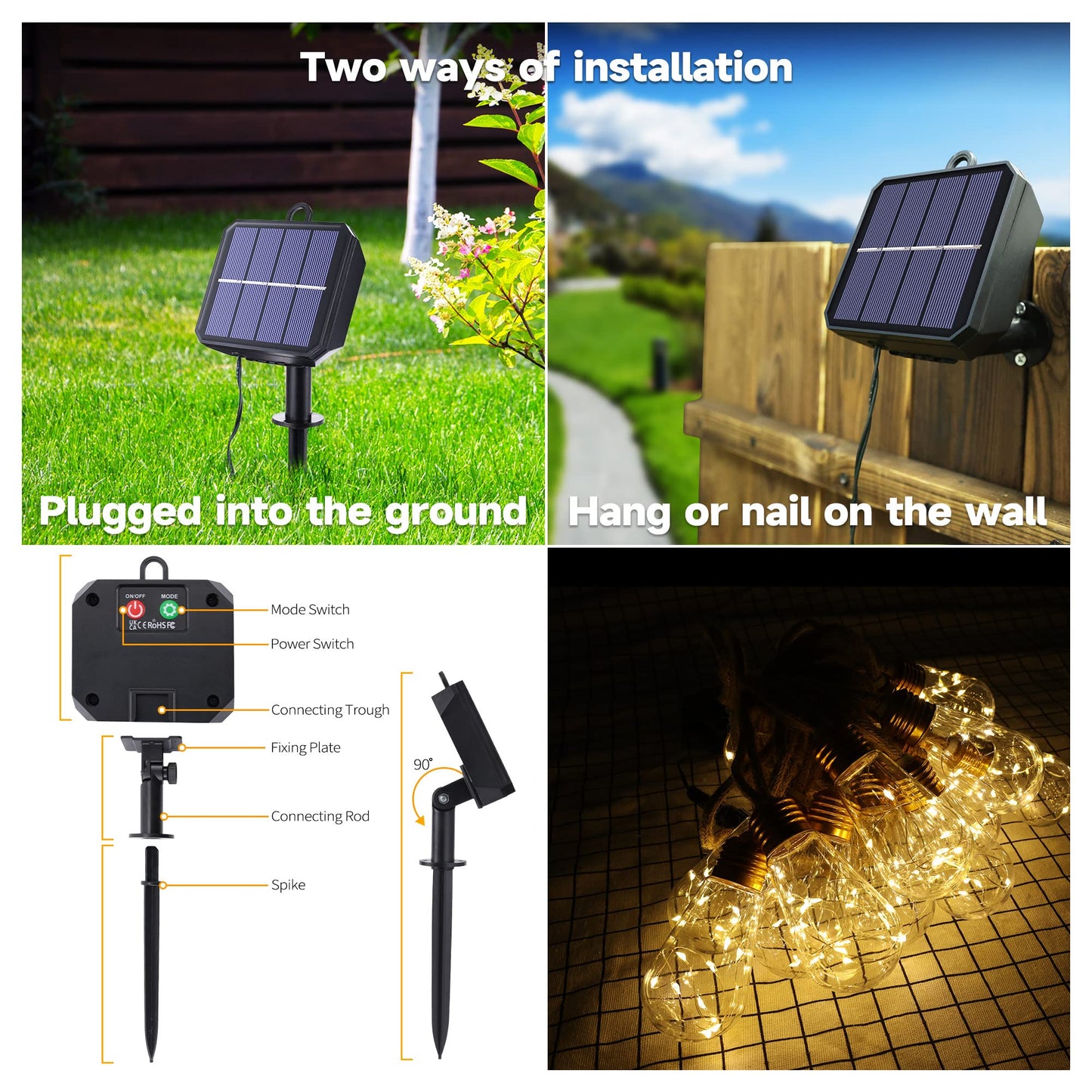 Solar Outdoor String Lights, 20Ft Vintage Rope Hemp Solar Patio Lights, Waterproof Warm White Solar Powered String Lights With 8 Modes 16 Shatterproof Bulbs for Garden Fence Stairs Balcony Café Bistro