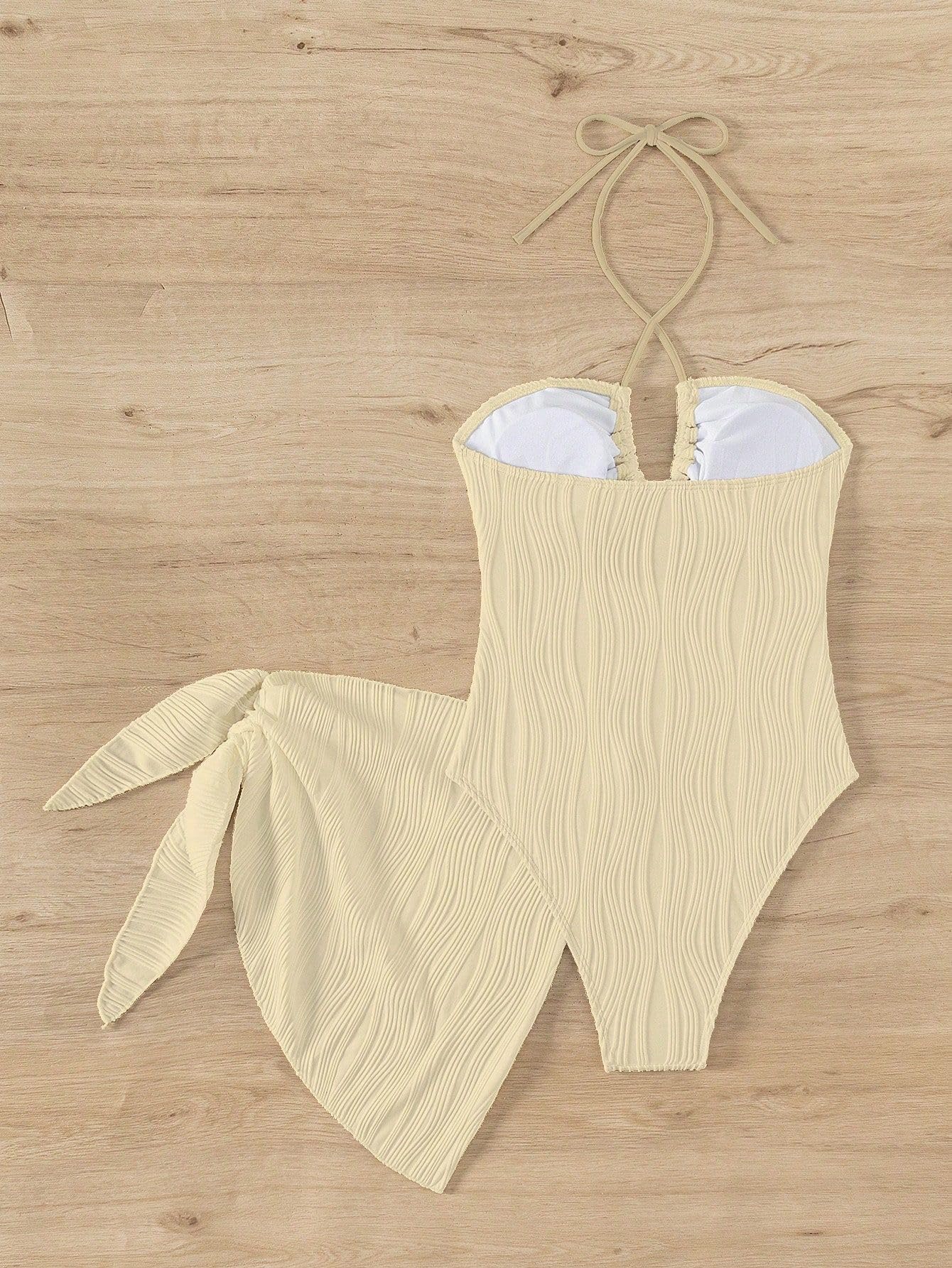 SKAYS Womens One Piece Swimsuit Texture Hollow Out Halter Neck Solid Color Bathing Suit with Cover-Up 2-Piece Sets Swimwear Apricot M