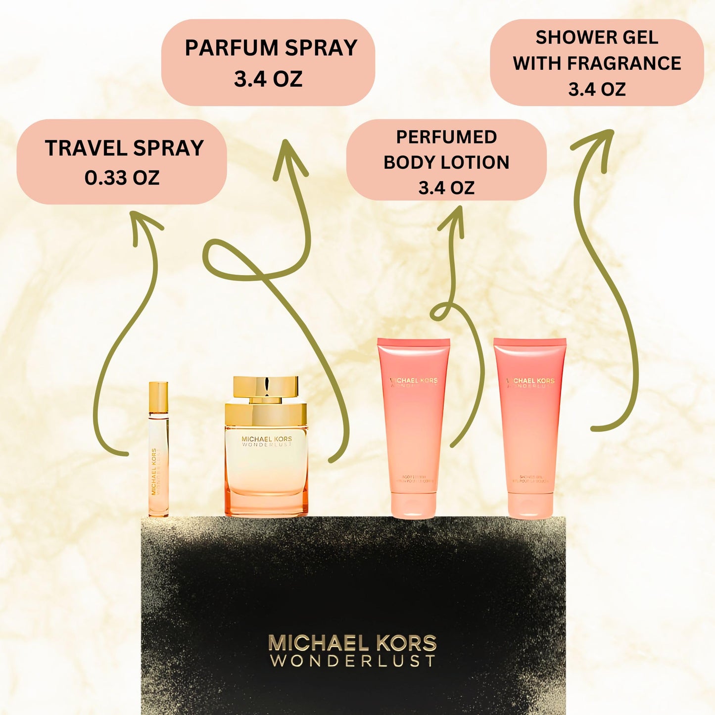 Michael Kors Wonderlust for Women 4 Pieces Gift Set, (3.4 Ounce Eau de Parfum Spray +3.4 Ounce Body Lotion +3.4 Ounce Shower Gel + 0.3 Ounce Eau de Parfum Spray)