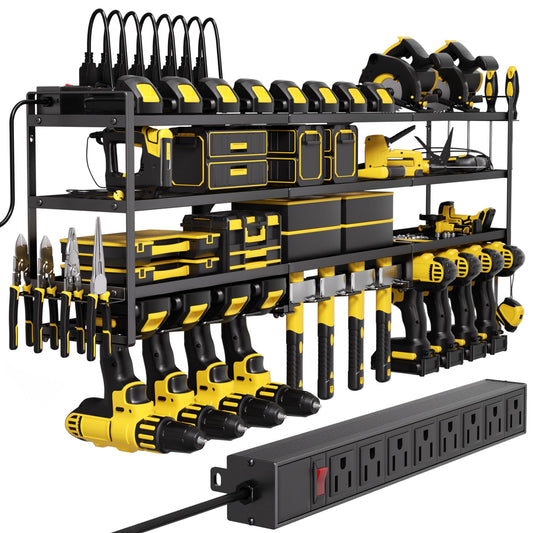 YFFSRJDJ Power Tool Organizer Wall Mount with Charging Station, Cordless Tool Organizer, 12 Drill Holders 4-Tier Heavy Duty Drill Rack with 8-Outlet Power Strip, Garage Gift for Men