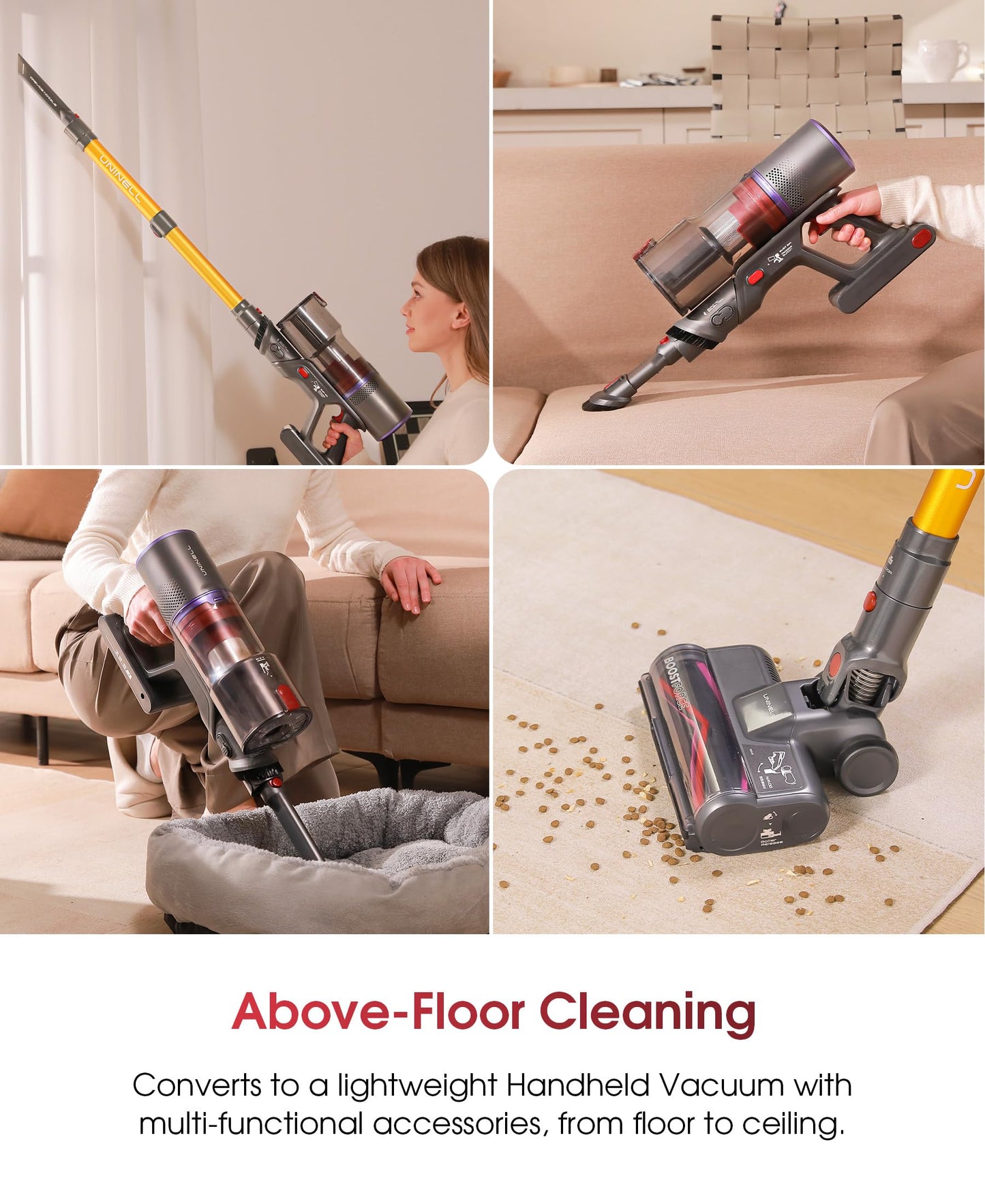 UNINELL HOME Cordless Vacuum Cleaner, 48000Pa 550W 65Mins Vacuum Cleaners for Home,LED Touch Display, Anti-Tangle Stick Vacuum Self-Standing, Vacuum Cordless Rechargeable for Pet Hair/Carpet