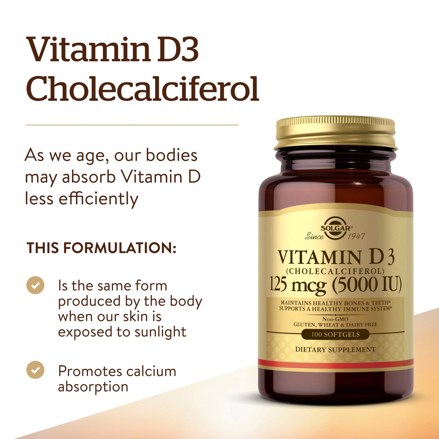 Solgar Vitamin D3 (Cholecalciferol) 125 mcg (5000 IU), 100 Softgels - Helps Maintain Healthy Bones & Teeth - Immune System Support - Non-GMO, Gluten Free, Dairy Free - 100 Servings