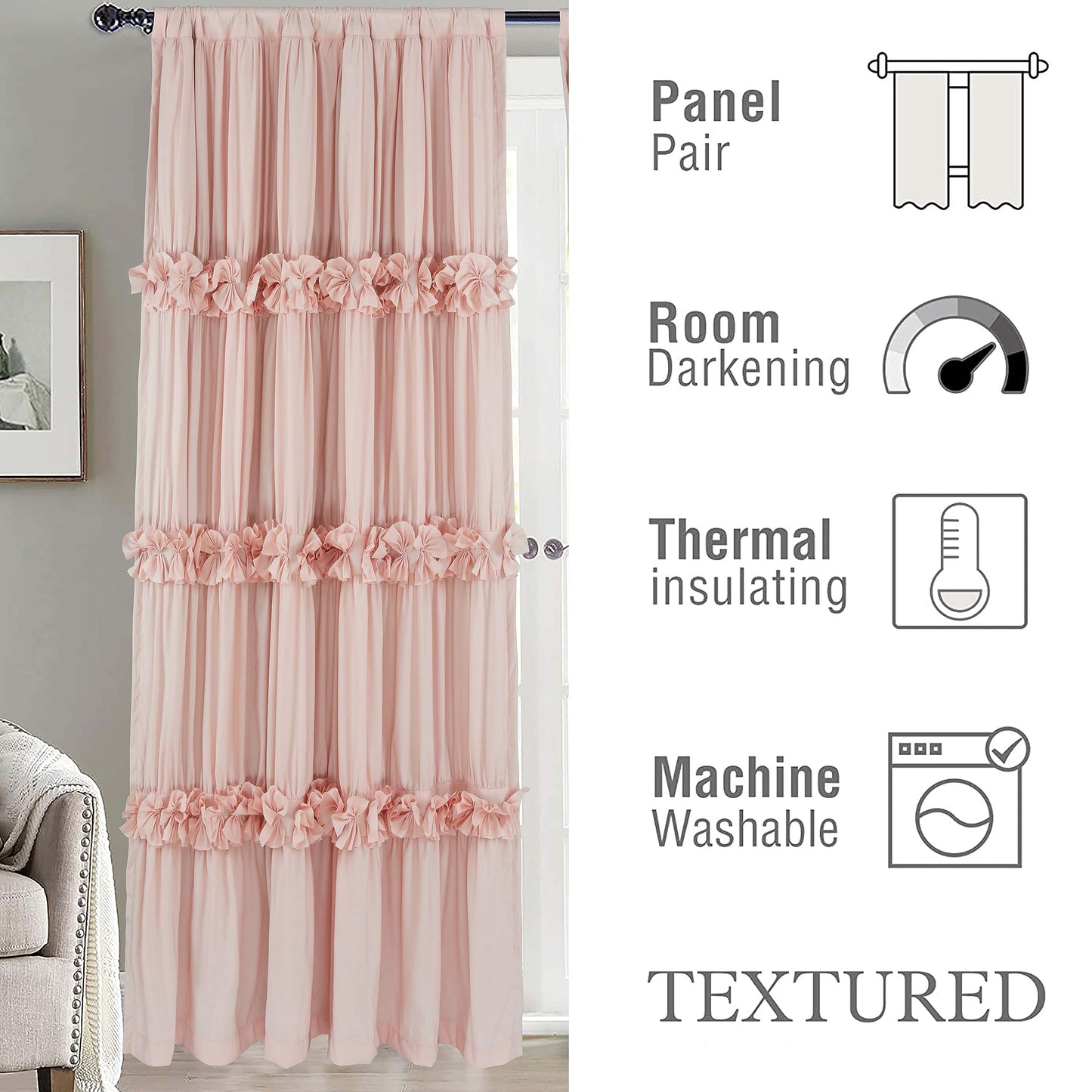 Homechoice Decor Thermal Insulated Blackout Window Curtains, 54" W x 84" L x 2 Panels, Boho Ruched Window Treatments with 3 Rows of Butterfly Flowers, Rustic Rod Pocket Drapes, Peach Pink (LQ-30)