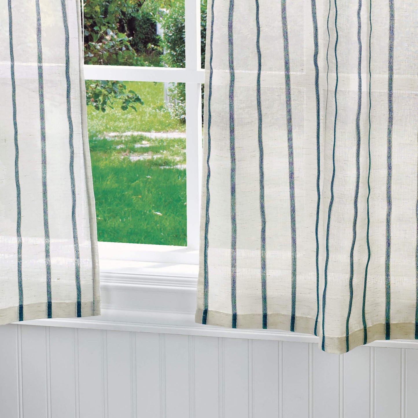 Martha Stewart Laguna Stripe Semi-Sheer Tie Tab Window Curtain Valance and Tiers Set, Navy