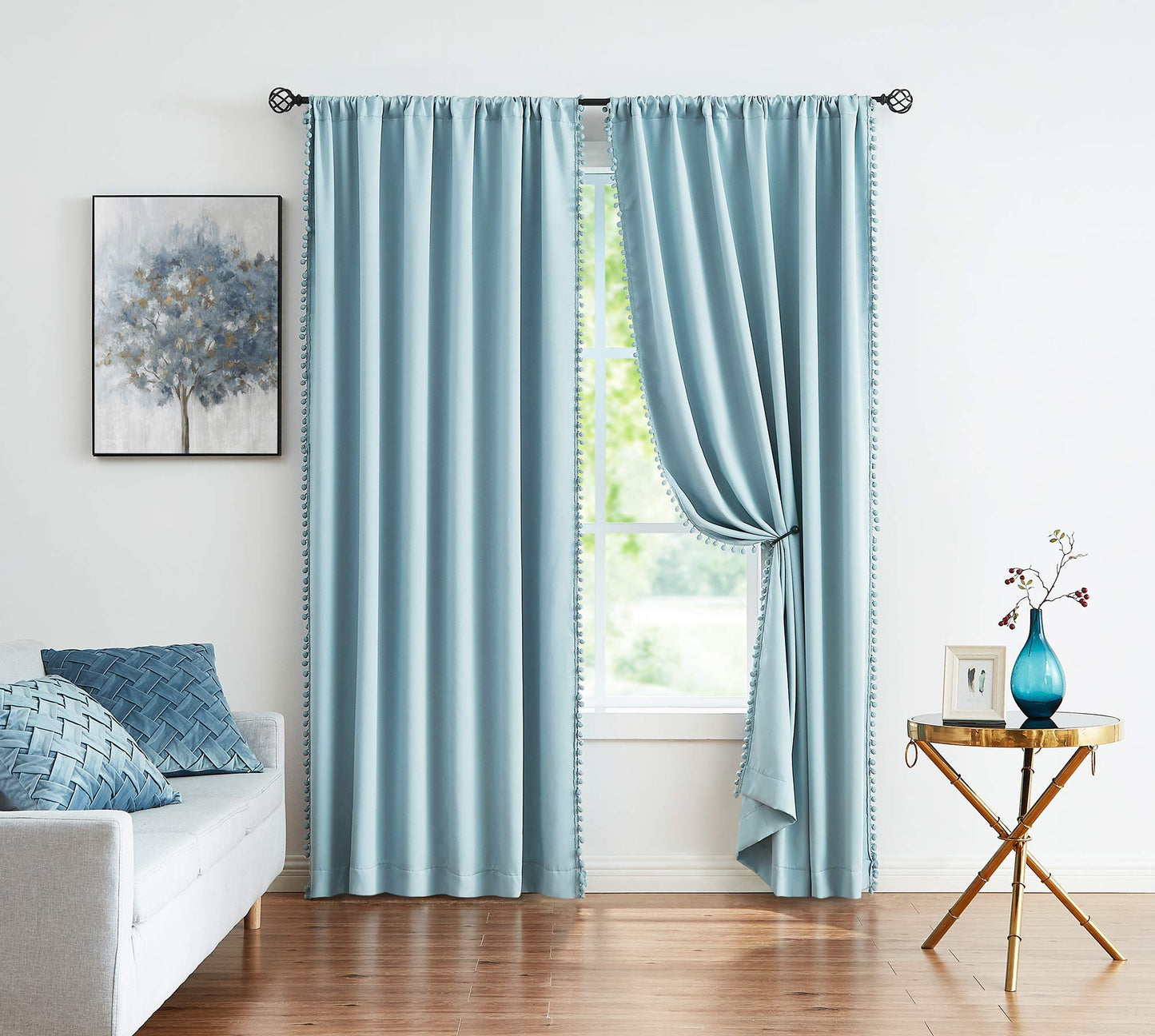 TREATMENTEX Pom-Pom Blue Curtains Living Room 84 inches Energy Efficient Thermal Insulated Room Darkening Curtain Panels for Bedroom Window Draperies Nursery Room Children 50in w x2 Panels Rod Pocket