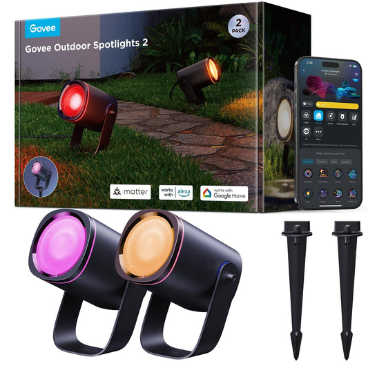 Govee Outdoor Spot Lights 2, IP67 Waterproof Spotlights, Landscape Lights Work with Matter, Alexa, and Google Assistant, RGBWIC Color Changing Light for Outdoor Decor, Patio Decorations, 2 Pack